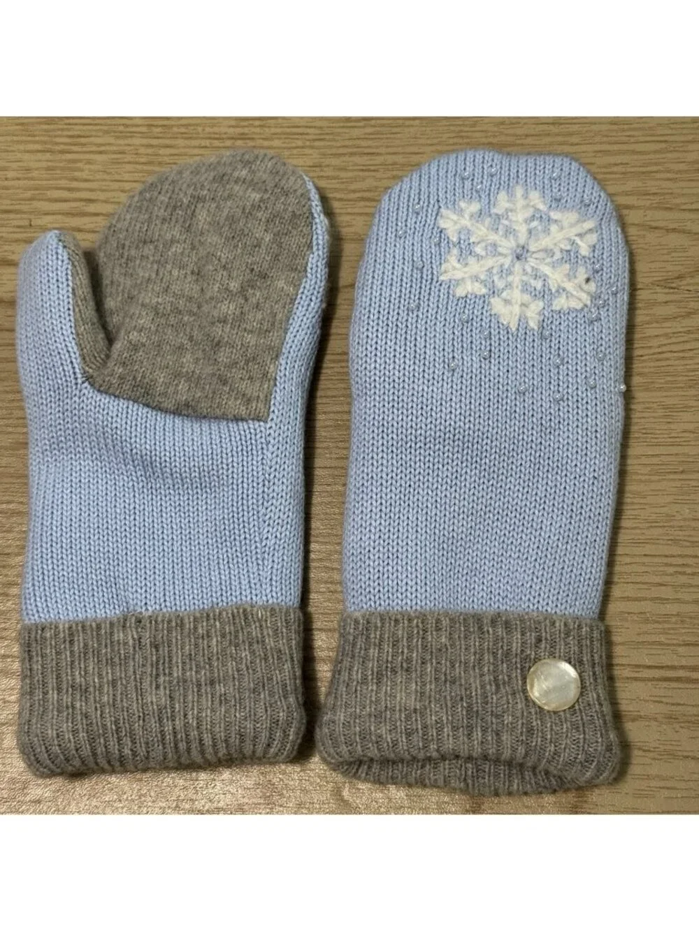 Women’s Blue Gray Knit Mittens Snowflake Pearl Fleece Lined Winter Gloves OS